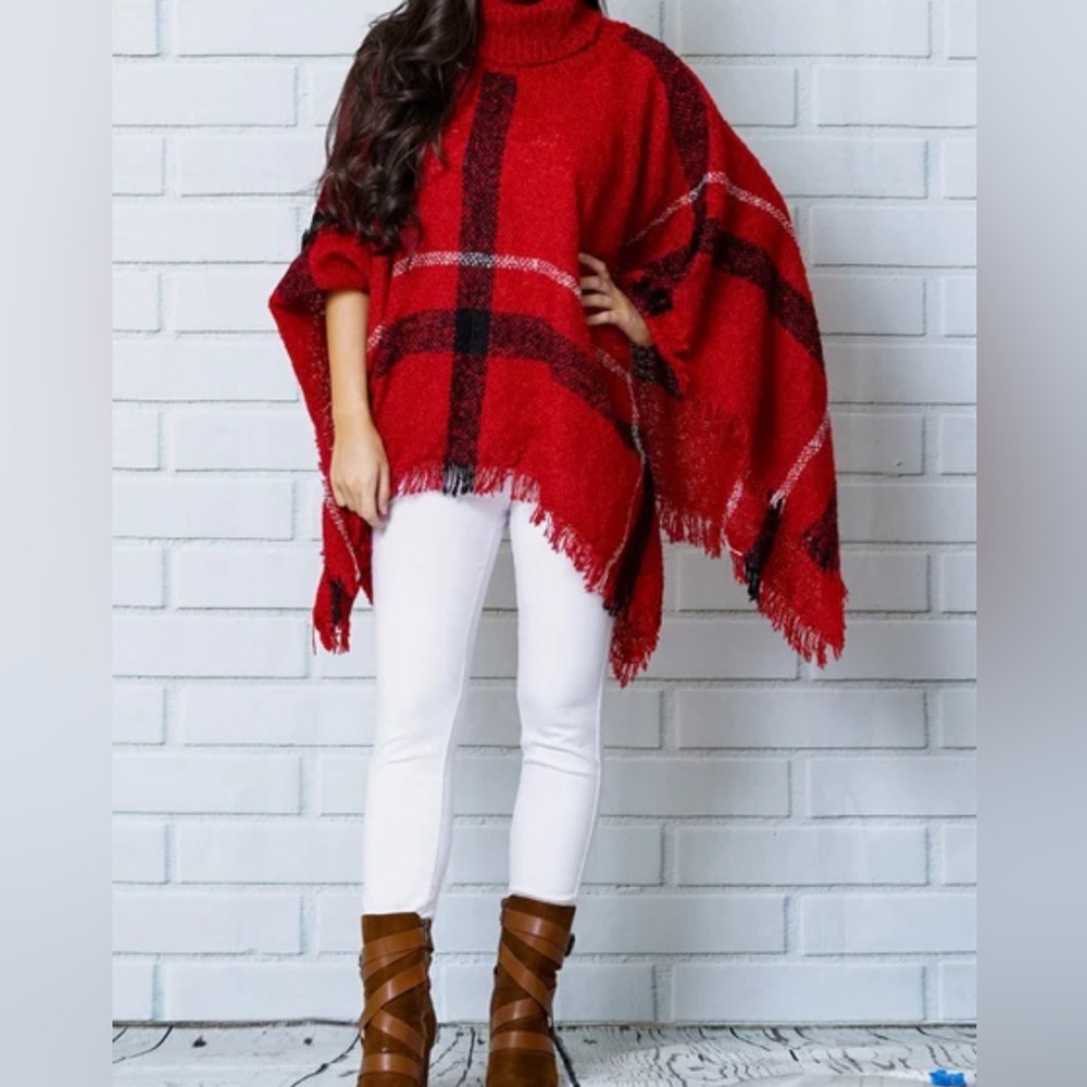 Knit Turtleneck‎ Fringe Hem Plaid Poncho Shawl SZ L/XL Warm Soft Preppy Holiday